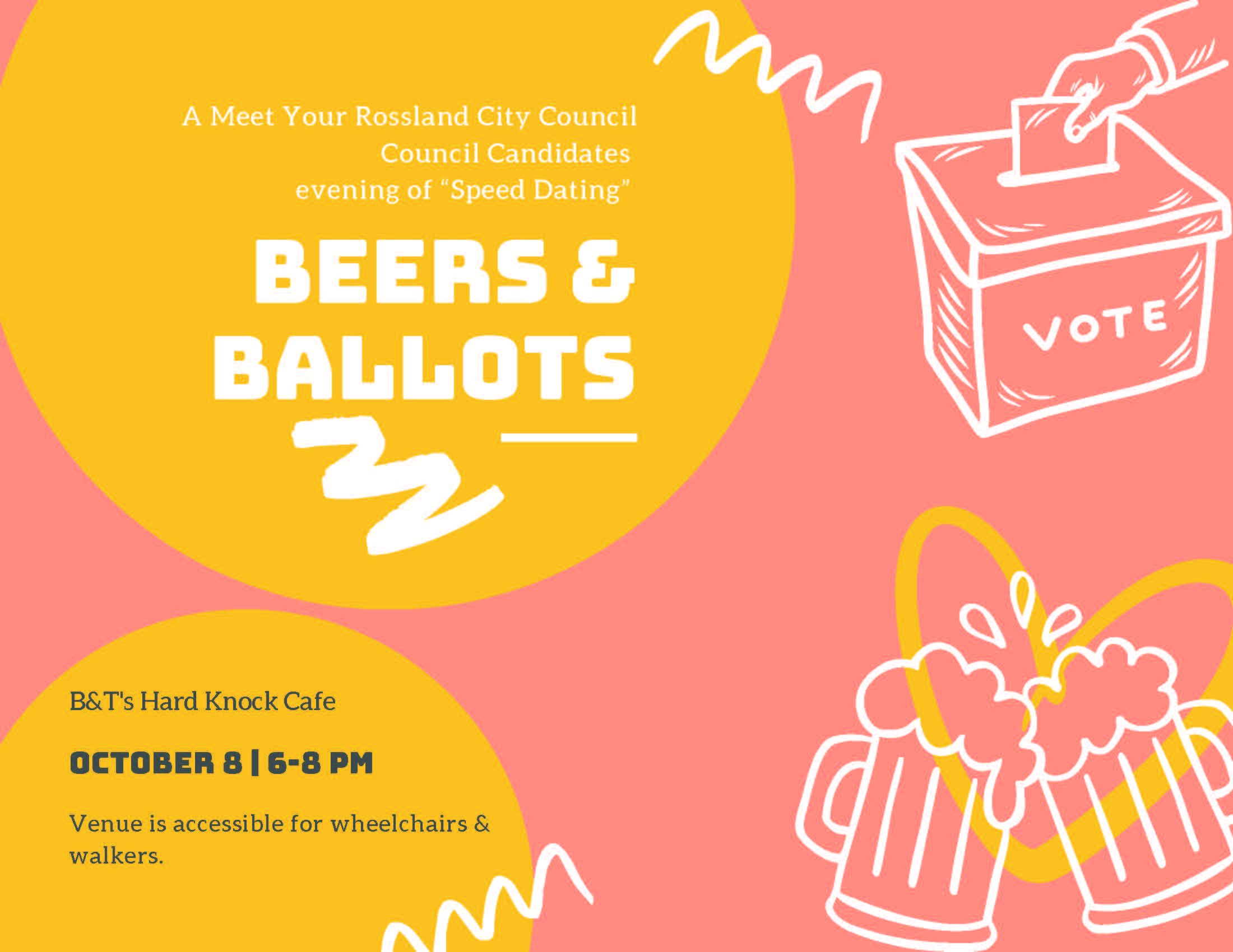 The Beers & Ballots poster: a pink and gold design with a ballot box and two clinking mugs, inviting Rossland to meet the city council candidates on October 8.