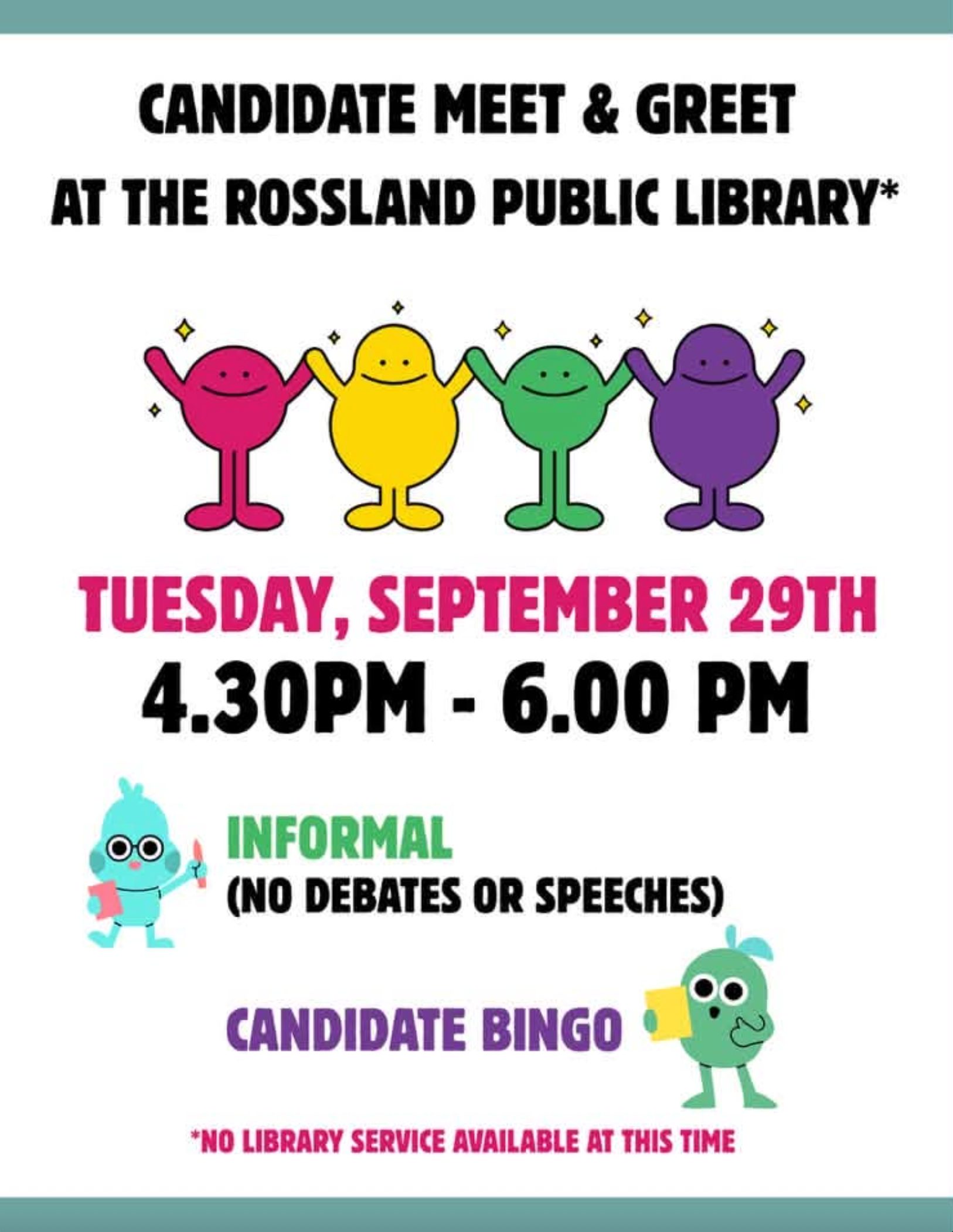 The meet and greet poster: four smiling figures hold hands above the date, Tuesday, September 29, with candidate bingo and no debates or speeches.